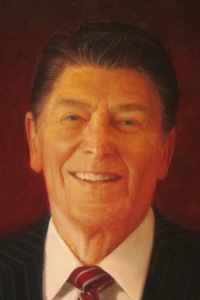 Detail of Henry C. Casselli, Jr.'s 1989 portrait of Ronald Reagan (President 1981-89): A most consequential president, his trickle-down economic policies are still being used, and income-inequality is now as great as during the 1920s and the Gilded Age (1877-1901).